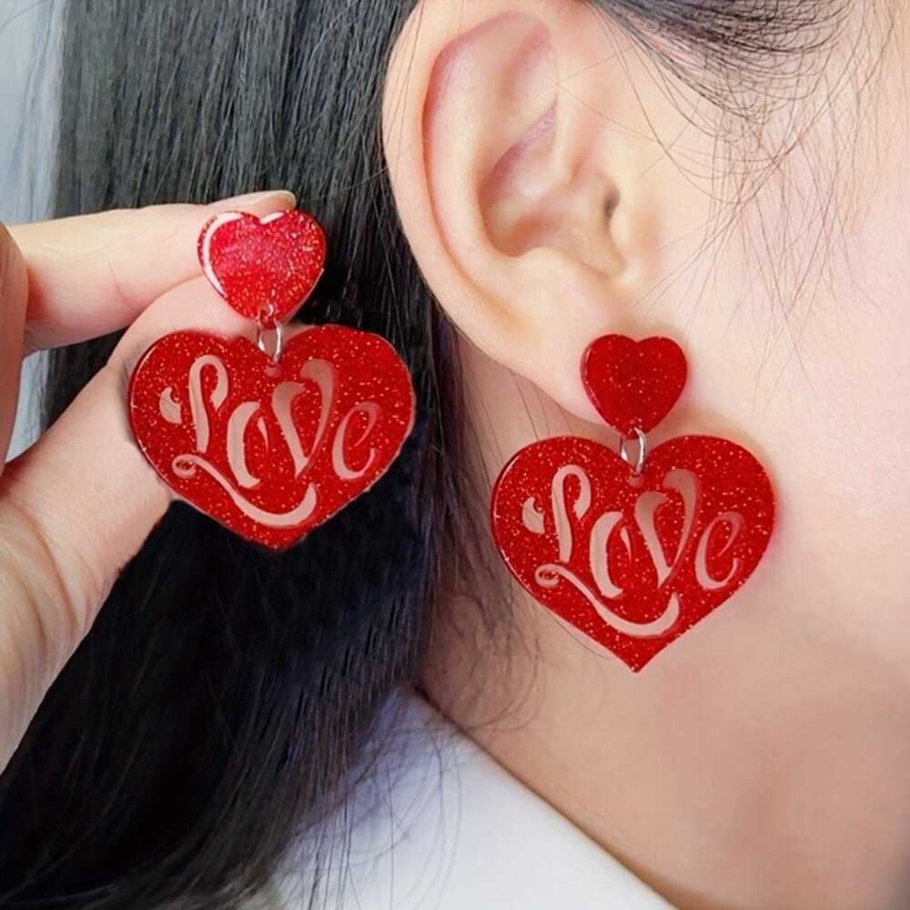 NEW Sparkly Red LOVE Heart Drop Earrings Valentines Day